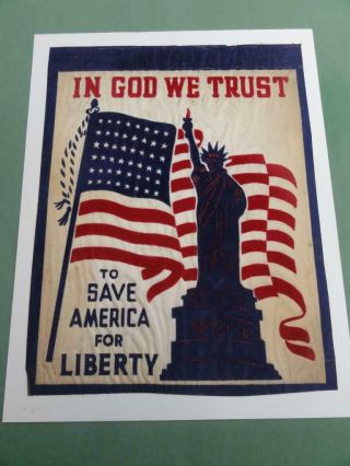 Vintage Silk Wall Hanging U.  S.  Flag 48 Stars In God We Trust & Liberty Statue