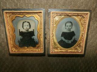Pair Antique Tintype Photographs W/ Gold Frames Young Girls In Half Cases