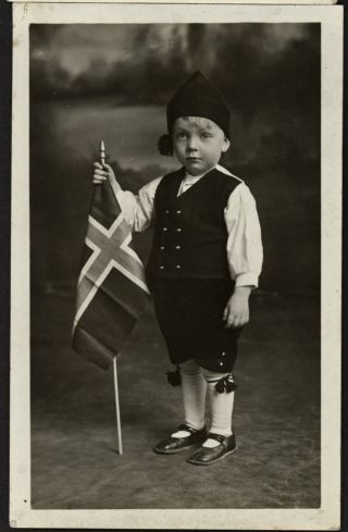 Stunning C1920s Rppc Studio Portrait Adorable Little Norwegian Boy Holding Flag