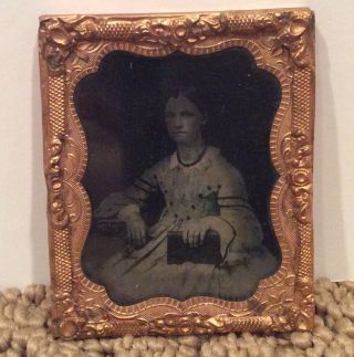 Daguerreotype Tintype Woman Holding Book Wearing Spotted Pattern Dress 1/9 Plate