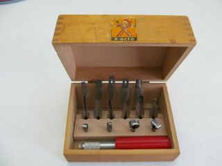 Vtg X - Acto Knife Wood Carving Set Handle 18 Blades Dovetailed Box Advertising