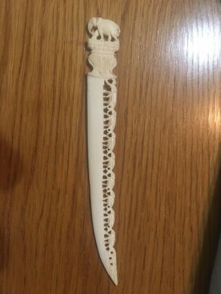 Carved Bovine Bone Ivory Color Elephant Letter Opener With Baby Tail To Trunk