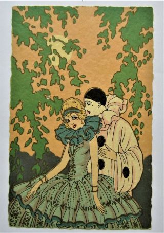 Pierrot Flirts With A Pretty Lady Gold Italy Italian Art Deco Postcard