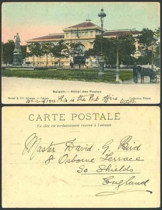 Indochina Old Hand Tinted Postcard Saigon Hotel Des Postes Post Office Horse Man