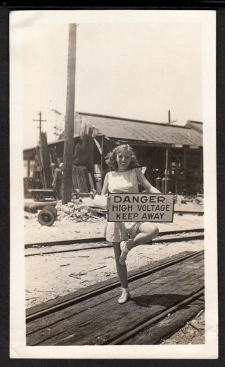 High Voltage Sex One - Legged Daredevil Woman & Keep Away Sign 1930s Vintage Photo