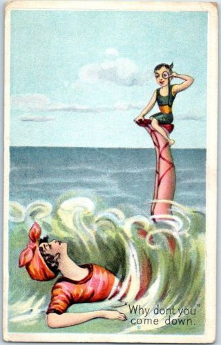 Vintage Fantasy / Greetings Postcard Giant Girl / Little Man Beach 1911 Cancel