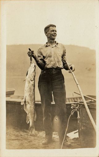 East Pittsford,  Vt Rppc Man With Large Fish At East Pittsford Lake C1930