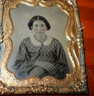 1/9th Size Antique Tintype Photo Of A Lovely Young Woman Brass Frame