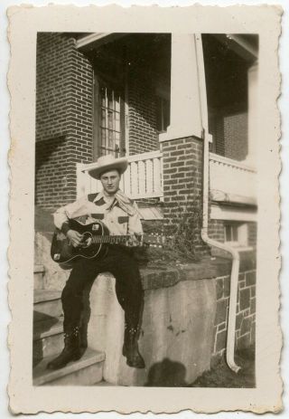 Handsome Young Cowboy Playing Guitar Boots Hat Fashion Vintage Snapshot Photo