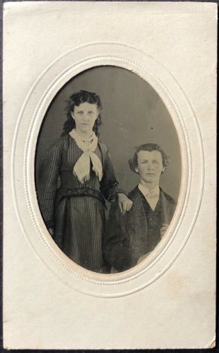 Vintage 6th Plate Tintype Young Couple In Embossed Paper Mat 1880s