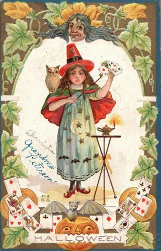 Halloween Little Girl Witch And Owl,  Lamp,  Jol,  Deck Of Cards And Bat Postcard