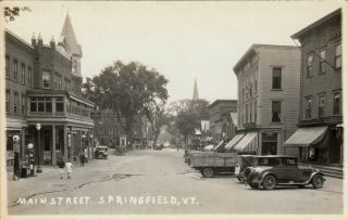 Springfield,  Vt Rppc Main Street – Gas Pumps And Barber Pole C1930