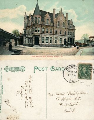 Bangor Pa First National Bank Building 1907 Antique Postcard