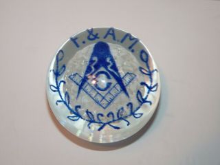 Vintage Masonic Freemason Emblem Clear Glass Blue Base Paperweight F&am