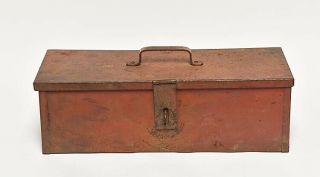 Vintage Industrial Red Metal Tool Box Wear Patina Home Decor