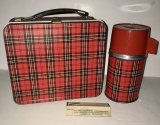 Vintage Red Plaid Metal Lunch Box & Thermos Aladdin Industries 1960s