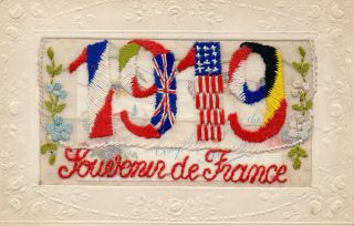 1919: Souvenir De France: Ww1 Patriotic Embroidered Silk Postcard