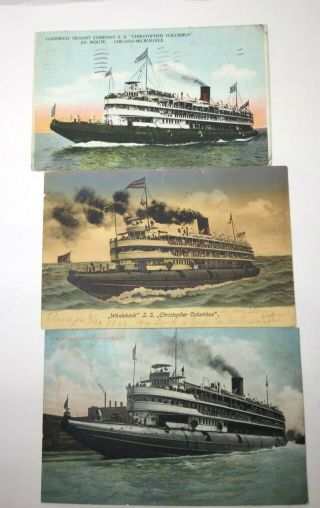 Vintage Ship Postcards 3 Goodrich Lines " Whaleback,  S S Christopher Columbus "