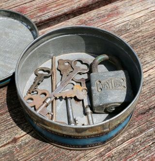 Antique Skeleton Keys & Lock With Vintage All Purpose Cleaner Advertisement Tin