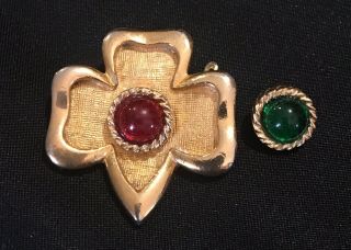 Very Rare Vintage Girl Scout Trefoil Pin With Interchangeable Red & Green Stone
