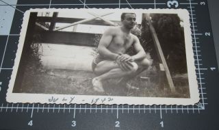 Unusual Side Profile Shirtless Hairy Chest Man Swimsuit Muscle Vintage Gay Photo
