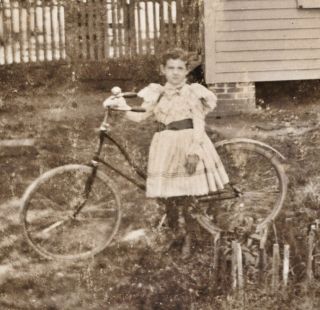Antique Photo Of Little Girl With Bicycle In Yard,  Sepia Image,  Cardboard Frame