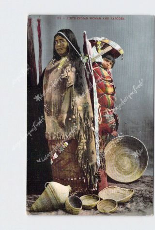Ppc Postcard American Indian Paiute Indian Woman And Papoose With Child And Bask