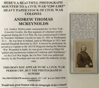 Cdv - Like Photograph Colonel Andrew T.  Mcreynolds 1st York " Lincoln " Cavalry