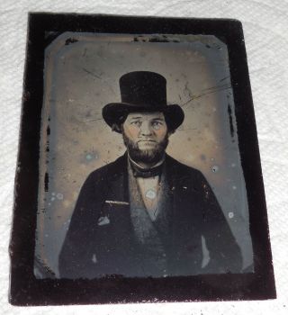 Antique Tinted Ruby Amethyst Ambrotype Man In Stovepipe Hat