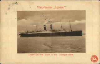 Red Star Line Steamship Mail Steamer Lapland Paquebot Dover Cancel Pc