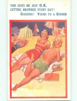 Bamforth Risque Comic Sexy Girl Sun Tanning On Beach Ab6896