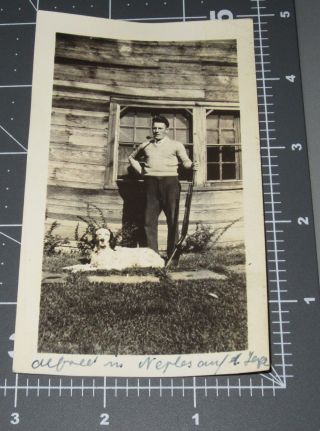 Distinguished Man W/ Shotgun Dog Pipe Clapboard Siding Gun Hunter Vintage Photo