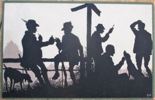 Silhouette 1910 Artist - Signed Postcard: Dogs,  Men Smoking Pipes