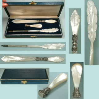 Complete Cased Antique French Mother Of Pearl & Silver Writing Set Circa 189