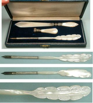 Complete Cased Antique French Mother of Pearl & Silver Writing Set Circa 189 2
