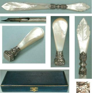 Complete Cased Antique French Mother of Pearl & Silver Writing Set Circa 189 3