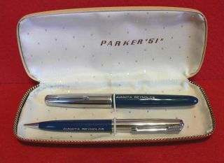 Ex,  Parker 51 Blue Fountain Pen & Mechanical Pencil Set In Case