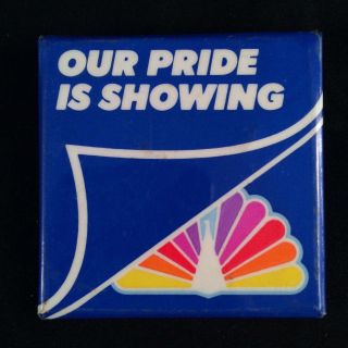 Vintage 80s Nbc Peacock Logo Button Pin Our Pride Is Showing Rainbow Gay Pride