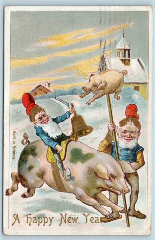 Postcard Happy Year Elves Elf Riding Large Pig Pigs Bell Church 1907 S1