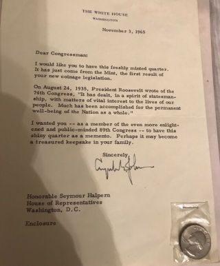 Lyndon Johnson’s Letter To Congressman Halpern Presentig Fresh Minted Quater1965