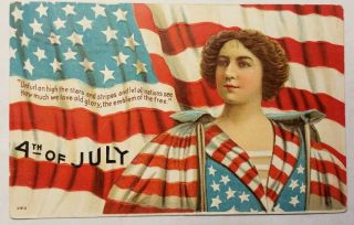 Vintage 1909 Patriotic 4th Of July Postcard Pretty Girl & Star Spangled Banner