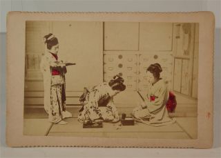 1880s Hand Colored Japanese Scene Cabinet Card Photo With Young Women