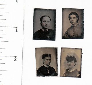 4 Civil War Era Miniature Gem Tintype Photos Of Women.  283