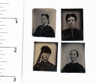 4 Civil War Era Miniature Gem Tintype Photos Of Women.  285