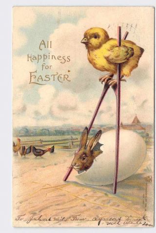 Antique Postcard Easter Chickens Chicks Stilts Rabbit Egg Embossed Undivided Bac