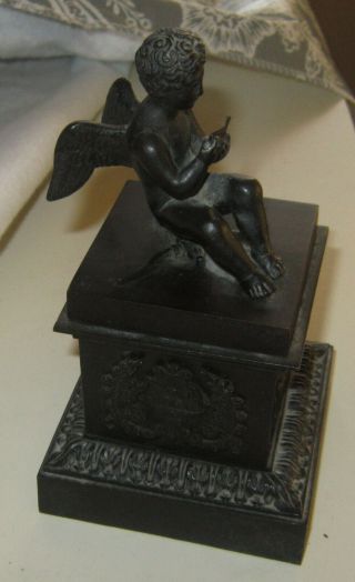 Antique Victorian Rare Cast Iron Inkwell With Reading Cherub On Top - Cool Piece