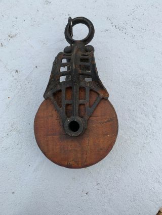 Antique Vintage Cast Iron And Wood Barn Pulley H221 H222