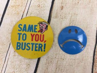 Vintage 1960s 70s Same To You,  Buster Sad Face Pinback Buttons Hippie Beatnik