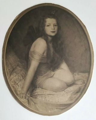 Antique 1910 Oval Photo Portrait Seductive Girl Signed 7 - 7/8th X 9.  5 "
