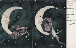 1907 Mooning And Spooning Couple Sitting On A Crescent Moon The Man Is Squirmy